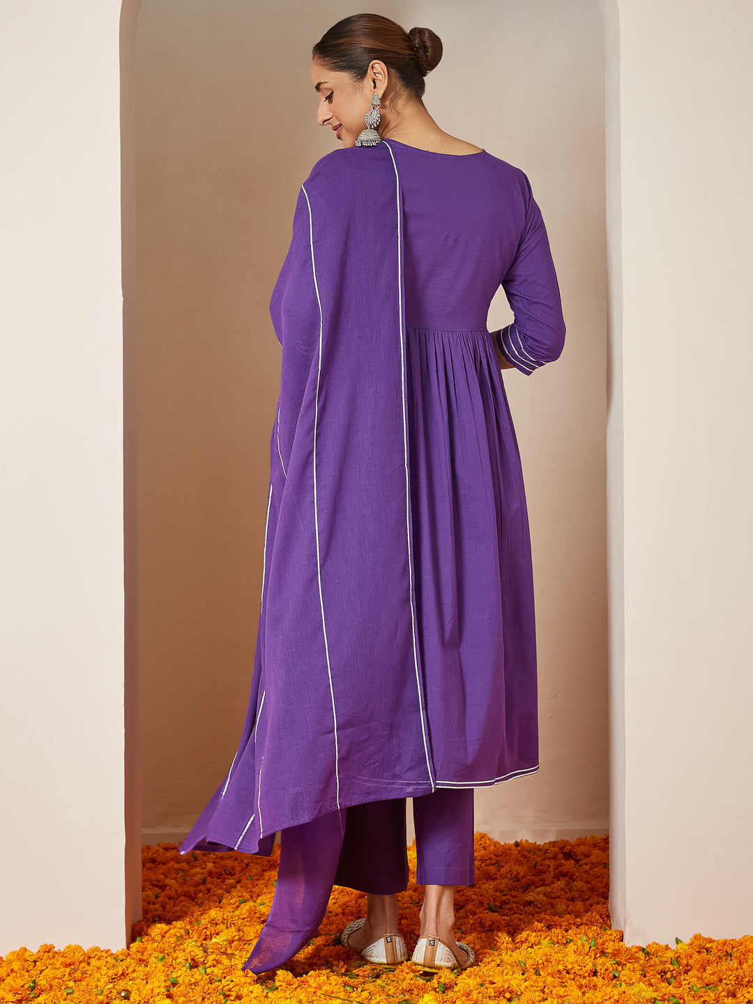 Janasya Women's Purple Pure Cotton Embellished A-line Kurta Set - qivii