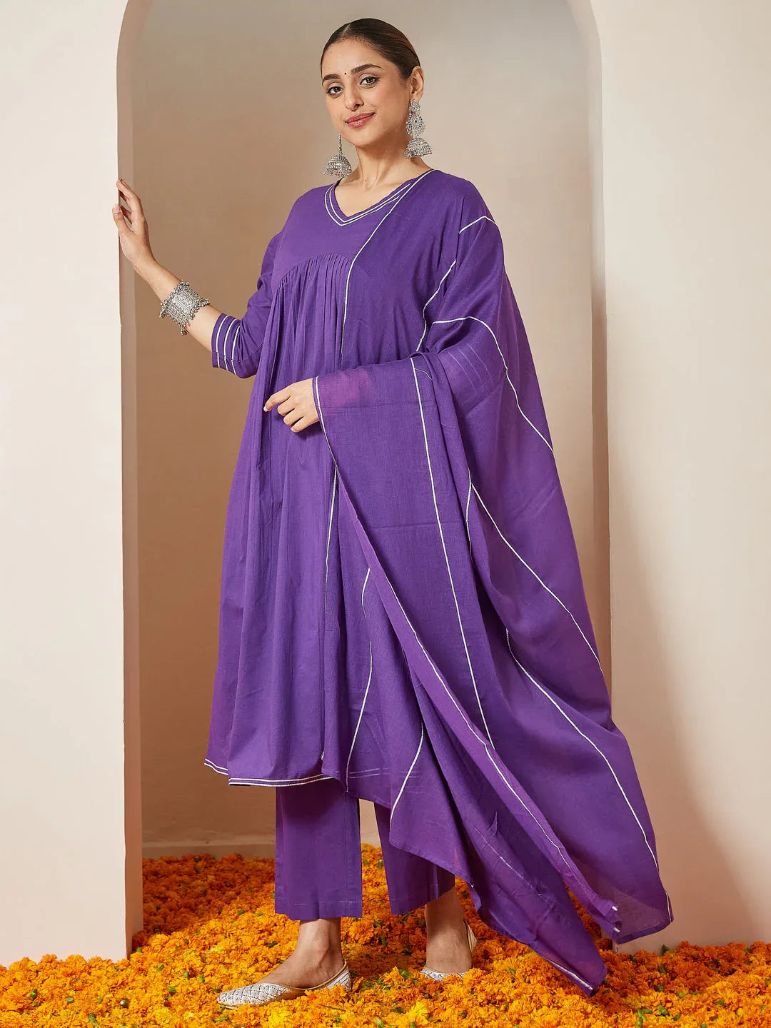 Janasya Women's Purple Pure Cotton Embellished A-line Kurta Set