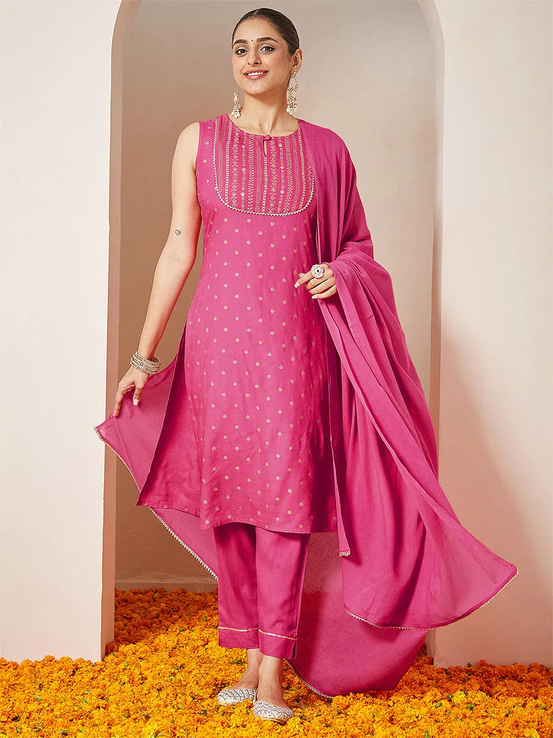 Janasya Women's Pink Rayon Gold Printed Straight Kurta Set