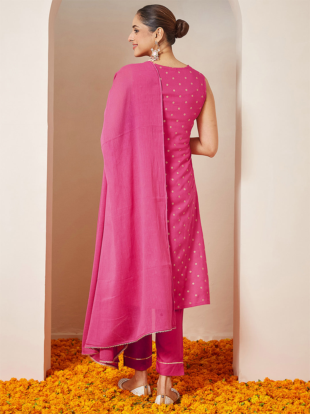 Janasya Women's Pink Rayon Gold Printed Straight Kurta Set - qivii