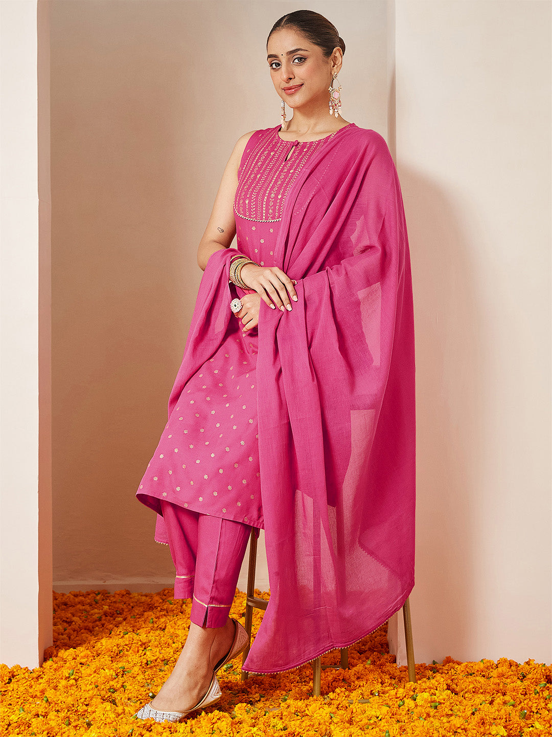 Janasya Women's Pink Rayon Gold Printed Straight Kurta Set - qivii