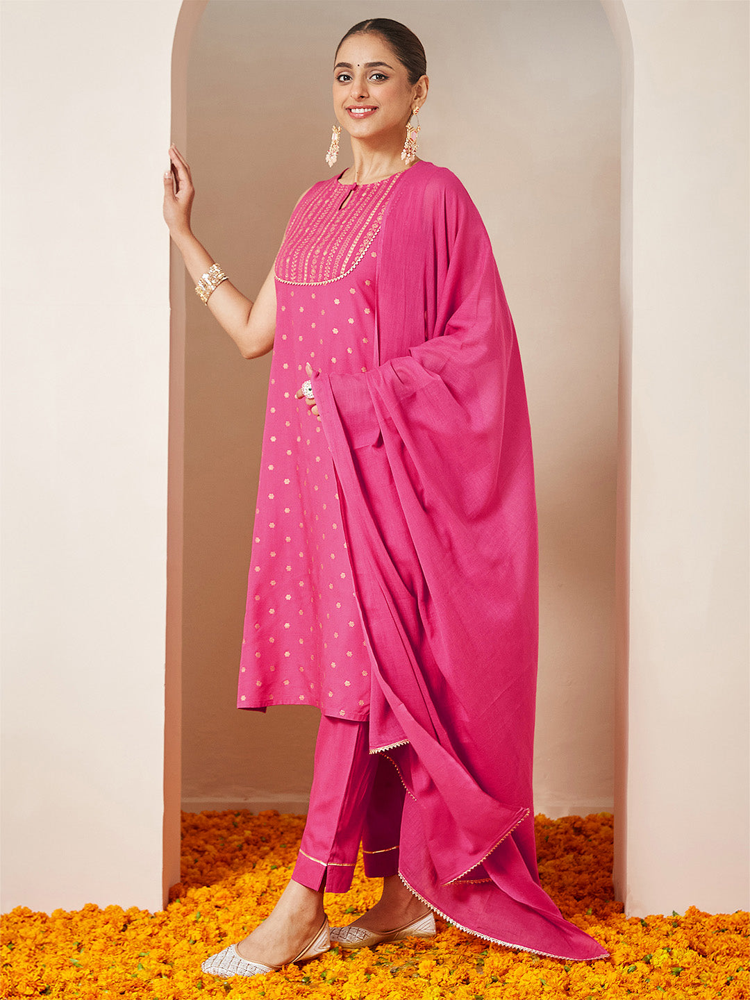 Janasya Women's Pink Rayon Gold Printed Straight Kurta Set - qivii