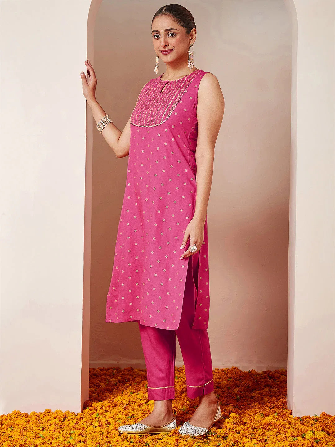 Janasya Women's Pink Rayon Gold Printed Straight Kurta Set