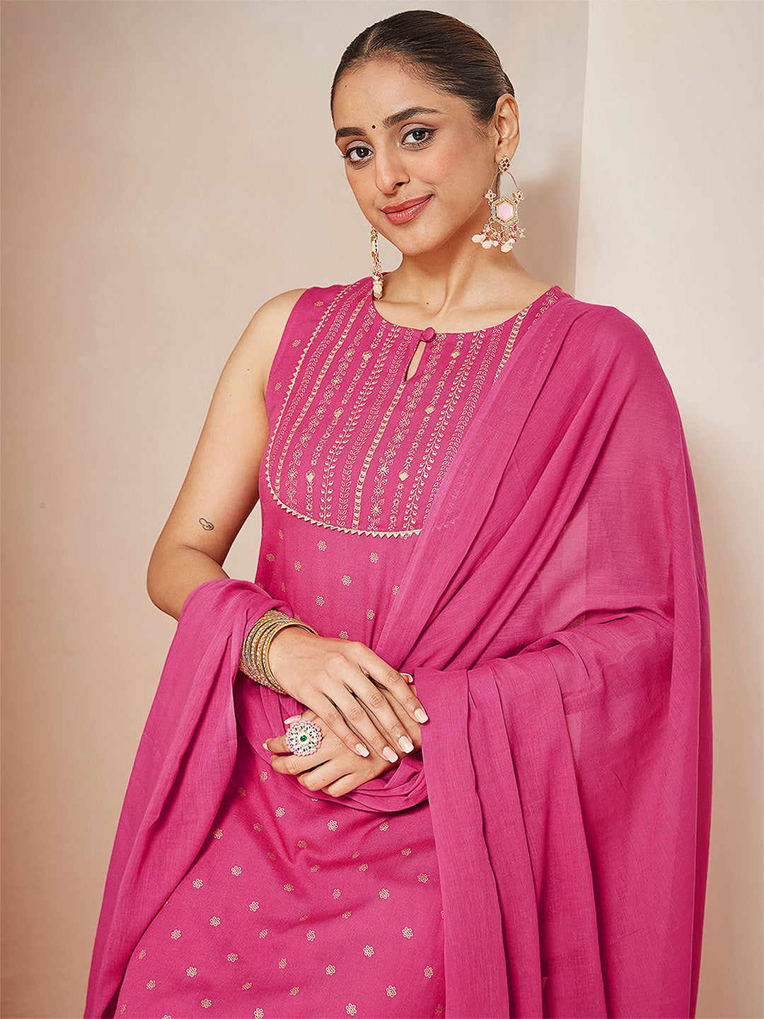 Janasya Women's Pink Rayon Gold Printed Straight Kurta Set - qivii