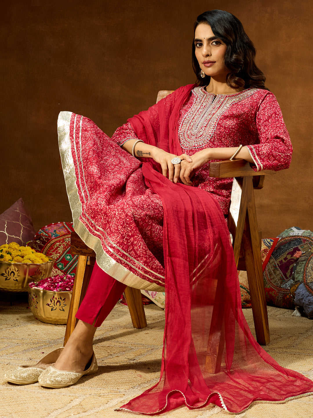 Janasya Women's Maroon Pure Cotton Floral Printed Yoke Embroidered Anarkali Kurta Set - qivii