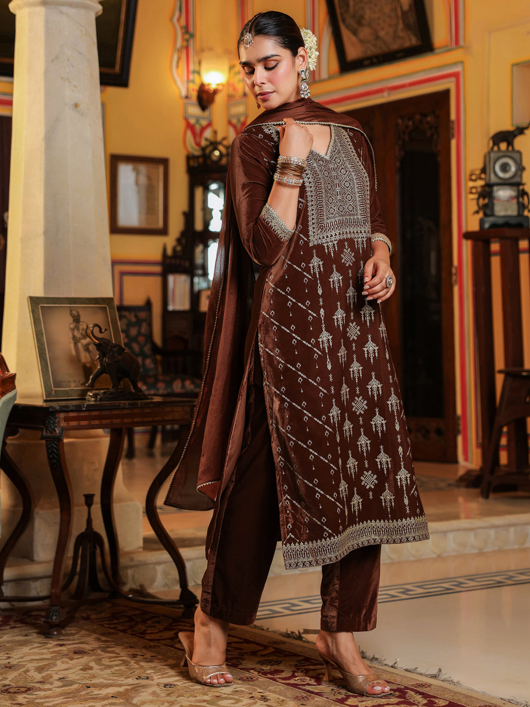 Janasya Women's Brown Velvet Embellished Gold Printed Straight Kurta Set