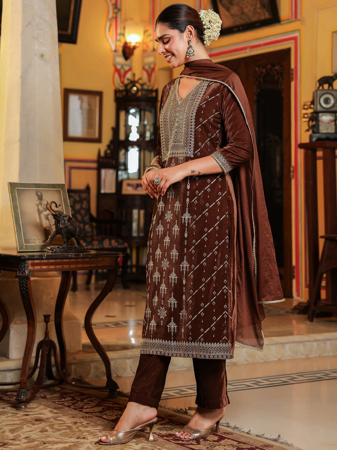 Janasya Women's Brown Velvet Embellished Gold Printed Straight Kurta Set