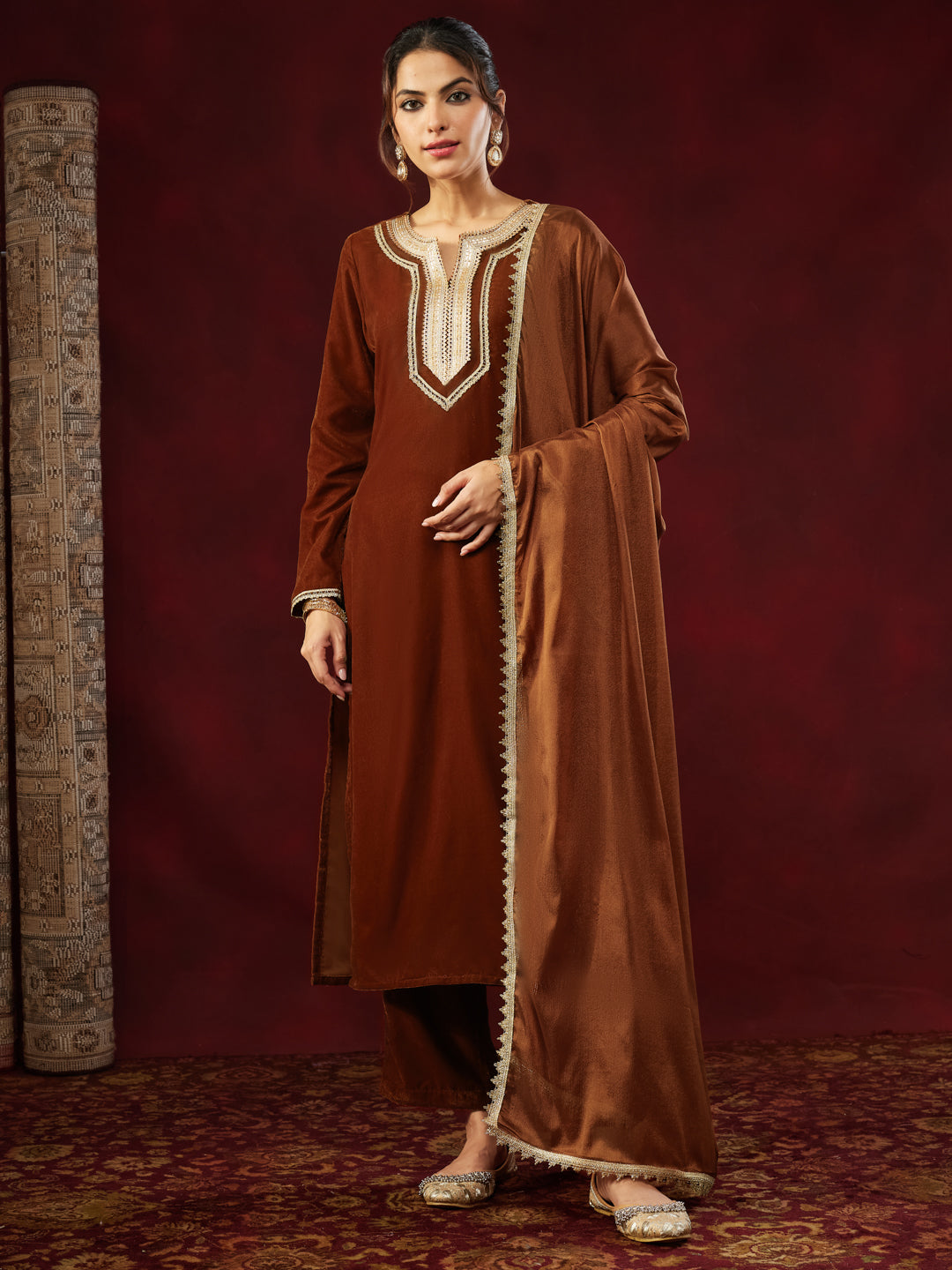 Janasya Women's Brown Velvet Embellished Straight Kurta Set