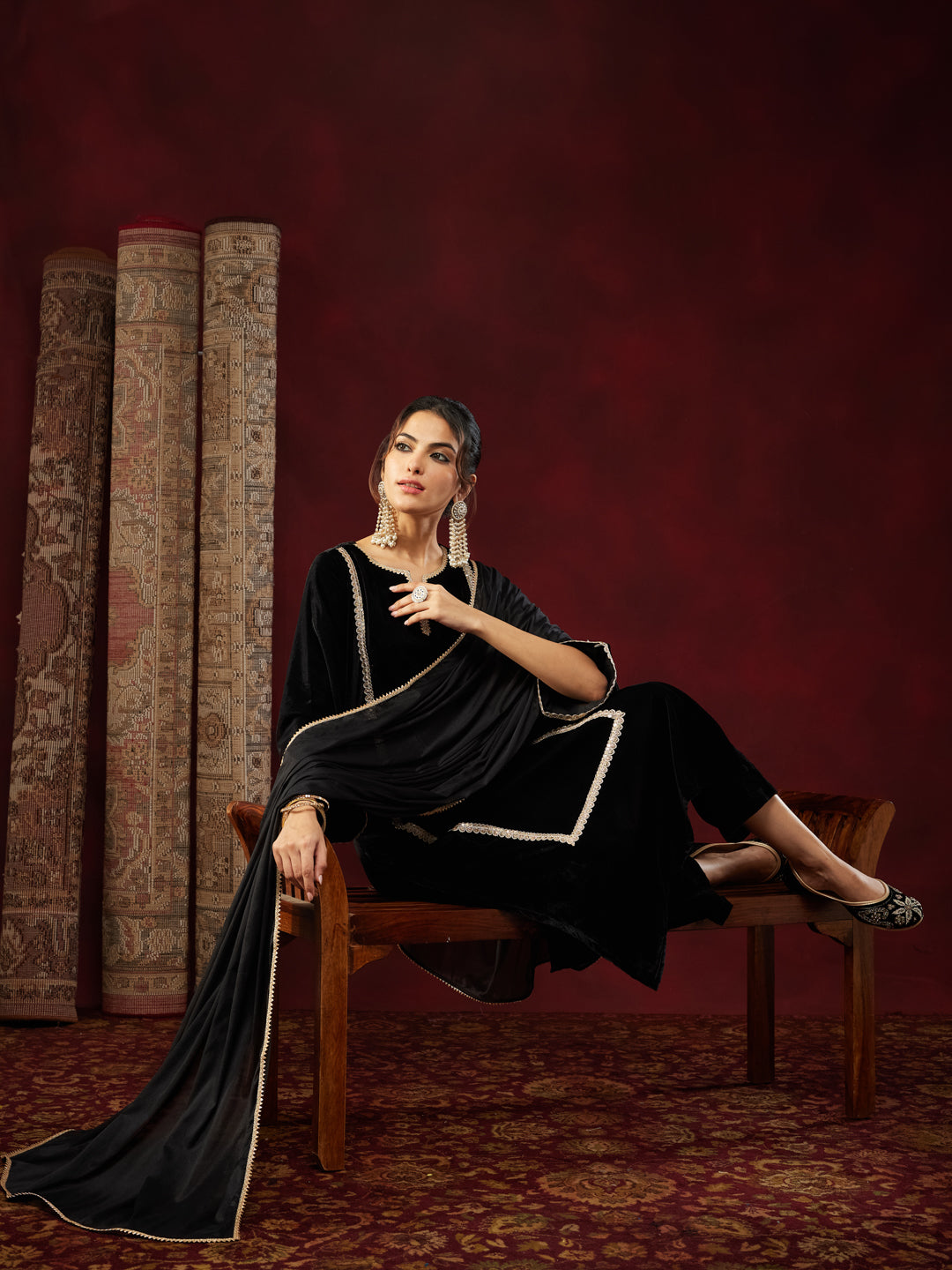 Janasya Women's Black Velvet Embellished Straight Kurta Set