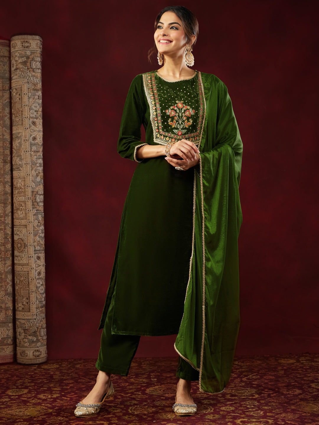 Janasya Women's Olive Green Velvet Yoke Embroidered Straight Kurta Set