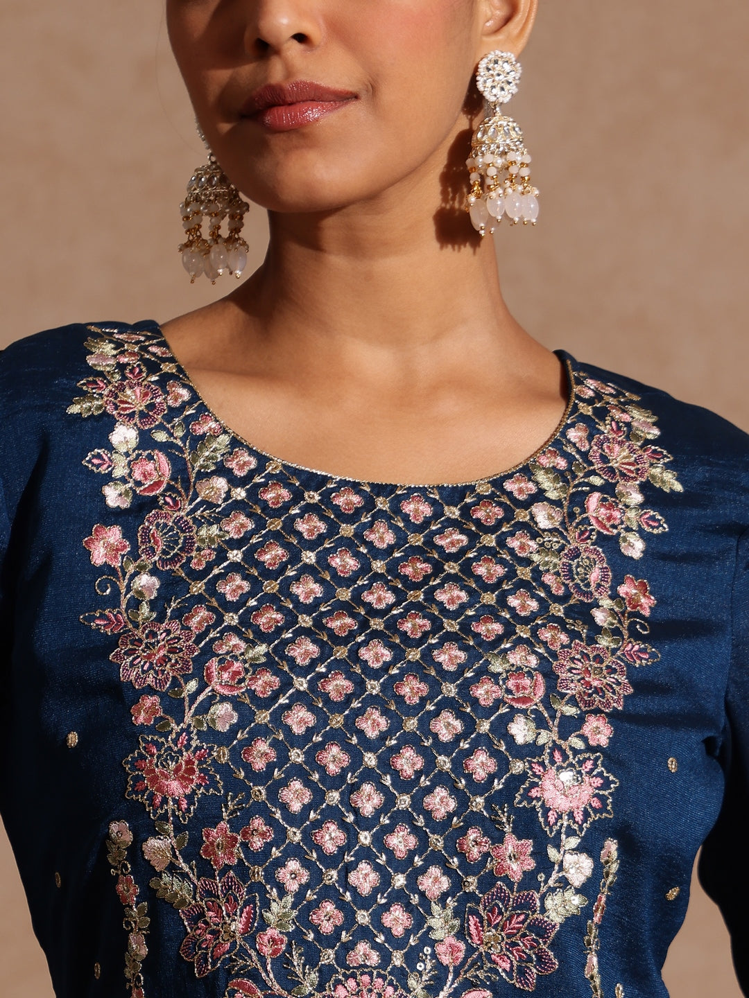 Janasya Women's Teal Blue Silk Blend Zari Embroidered Straight Kurta Set - qivii