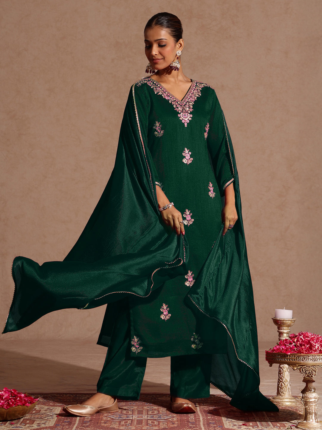 Janasya Women's Bottle Green Silk Blend Zari Embroidered Straight Kurta Set - qivii