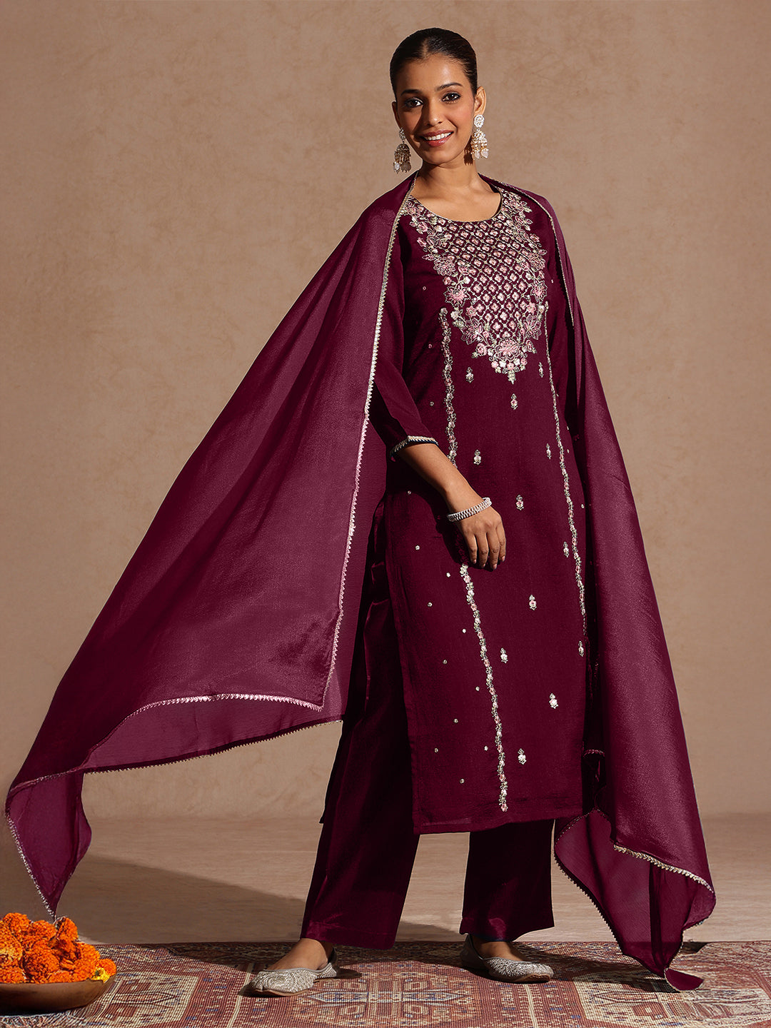 Janasya Women's Maroon Silk Blend Embroidered Straight Kurta Set - qivii