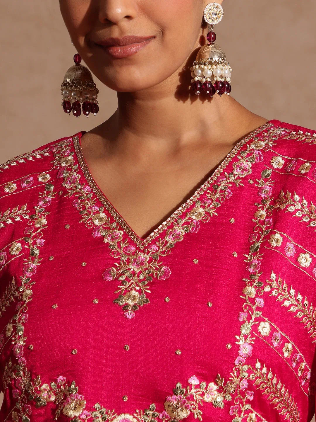 Janasya Women's Pink Silk Blend Zari Embroidered Straight Kurta Set
