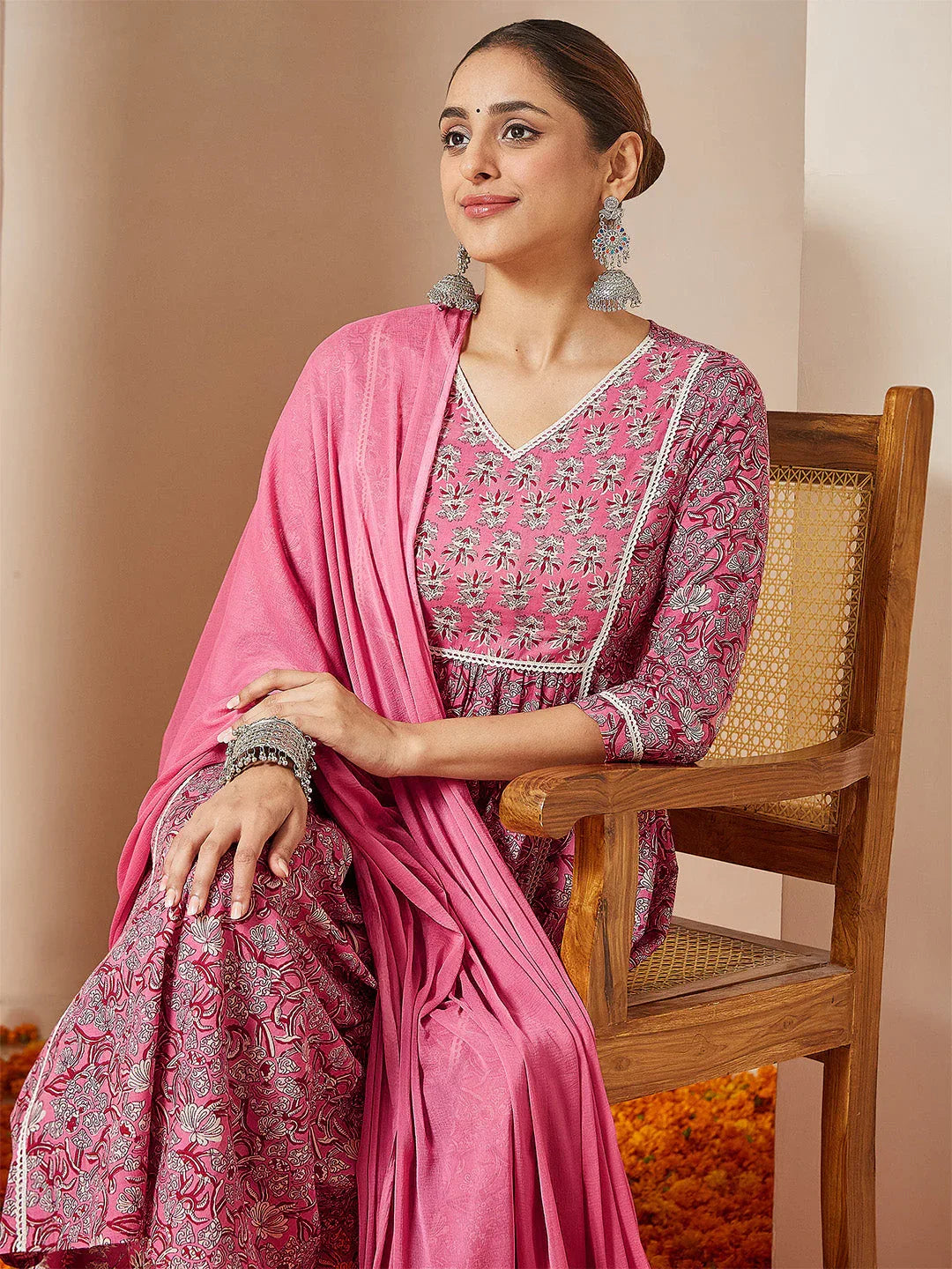 Janasya Women's Pink Pure Cotton Floral Printed A-line Kurta Set