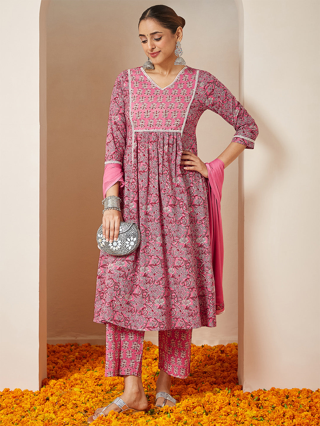 Janasya Women's Pink Pure Cotton Floral Printed A-line Kurta Set - qivii