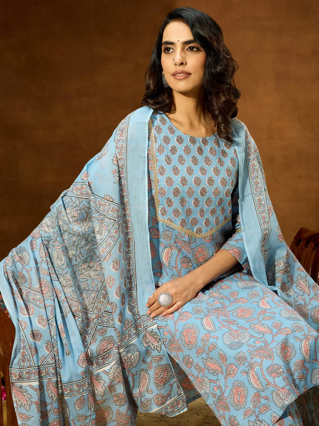 Janasya Women's Light Blue Pure Cotton Floral Printed Straight Kurta Set