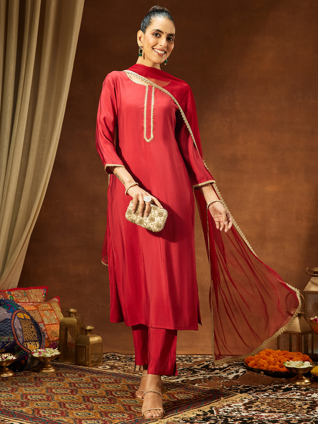 Janasya Women's Maroon Chanderi Silk Yoke Design Straight Kurta Set - qivii