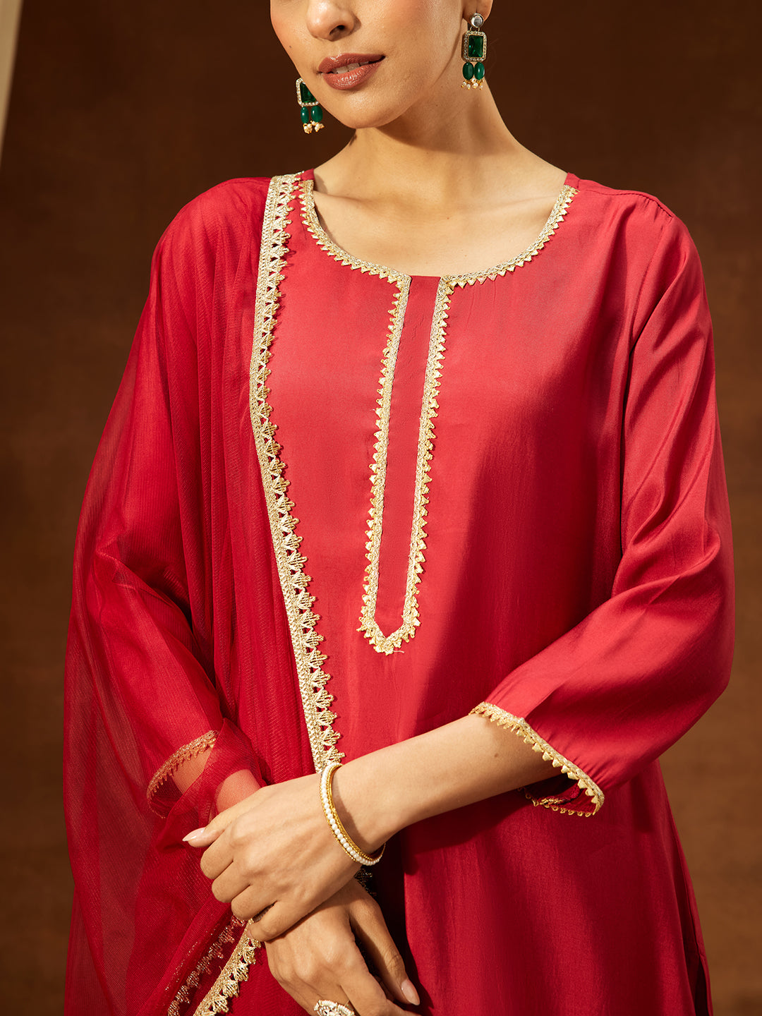 Janasya Women's Maroon Chanderi Silk Yoke Design Straight Kurta Set - qivii