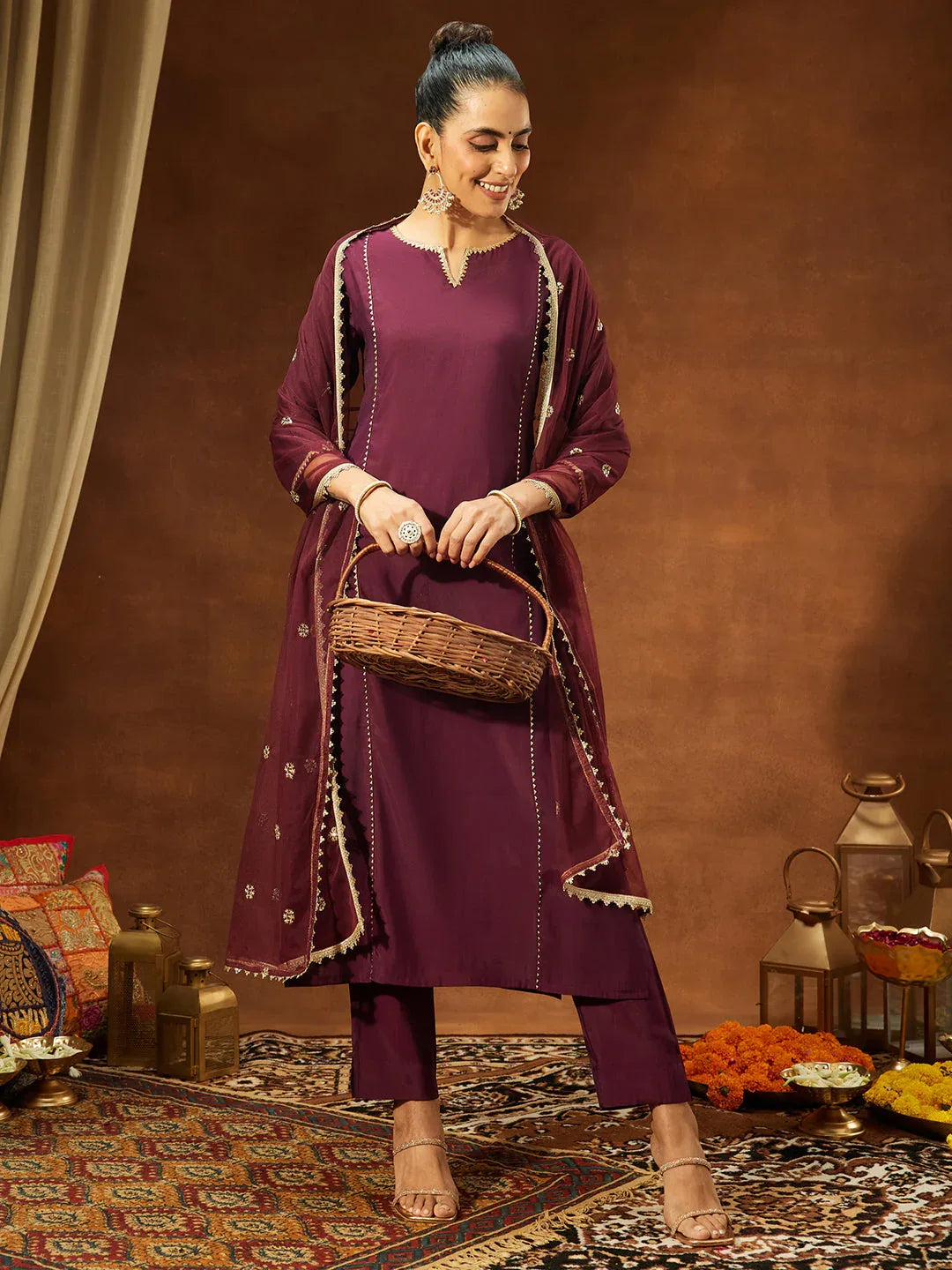 Janasya Women's Wine Chanderi Silk Embellished Straight Kurta Set