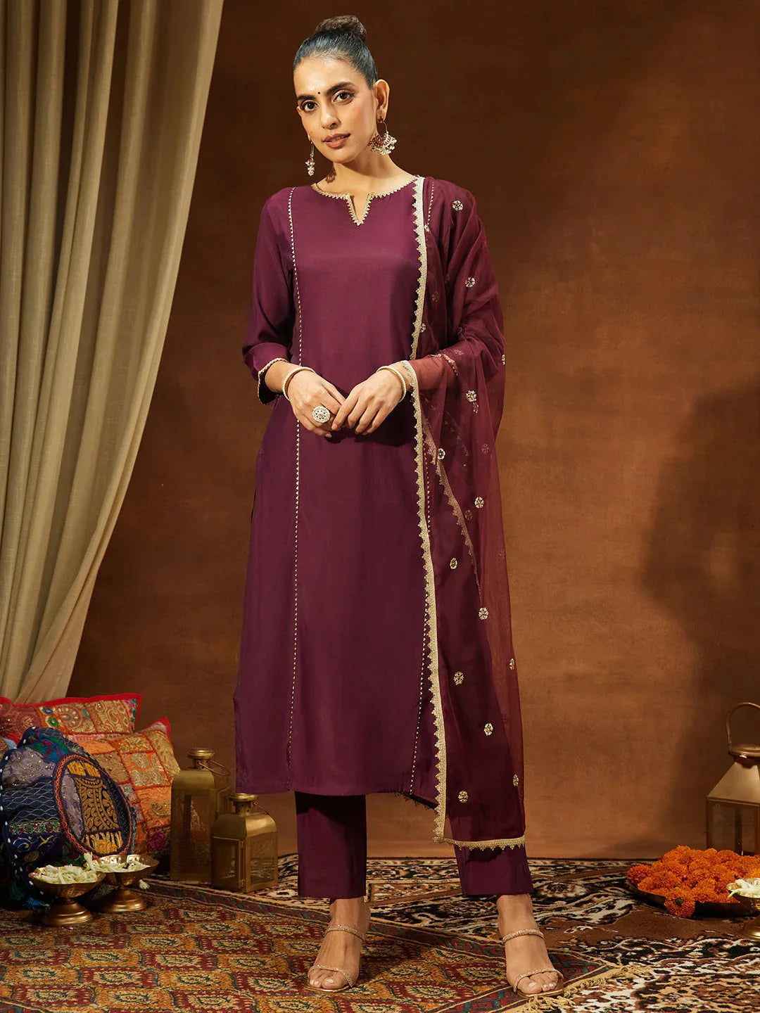 Janasya Women's Wine Chanderi Silk Embellished Straight Kurta Set
