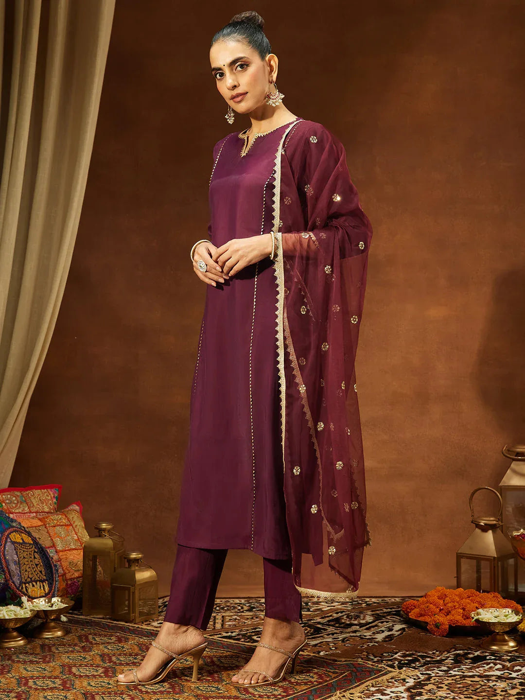 Janasya Women's Wine Chanderi Silk Embellished Straight Kurta Set