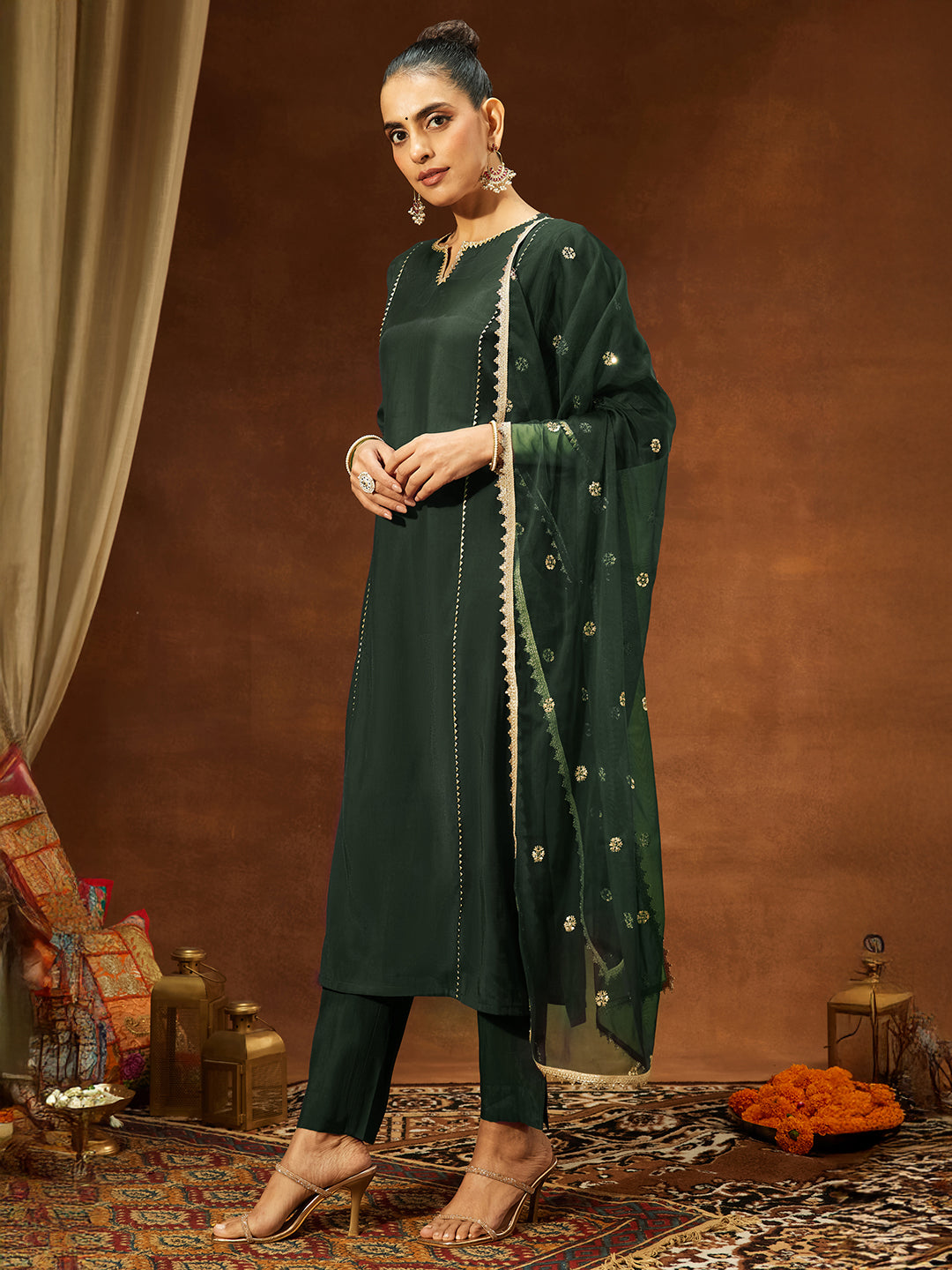 Janasya Women's Bottle Green Chanderi Silk Embellished Straight Kurta Set