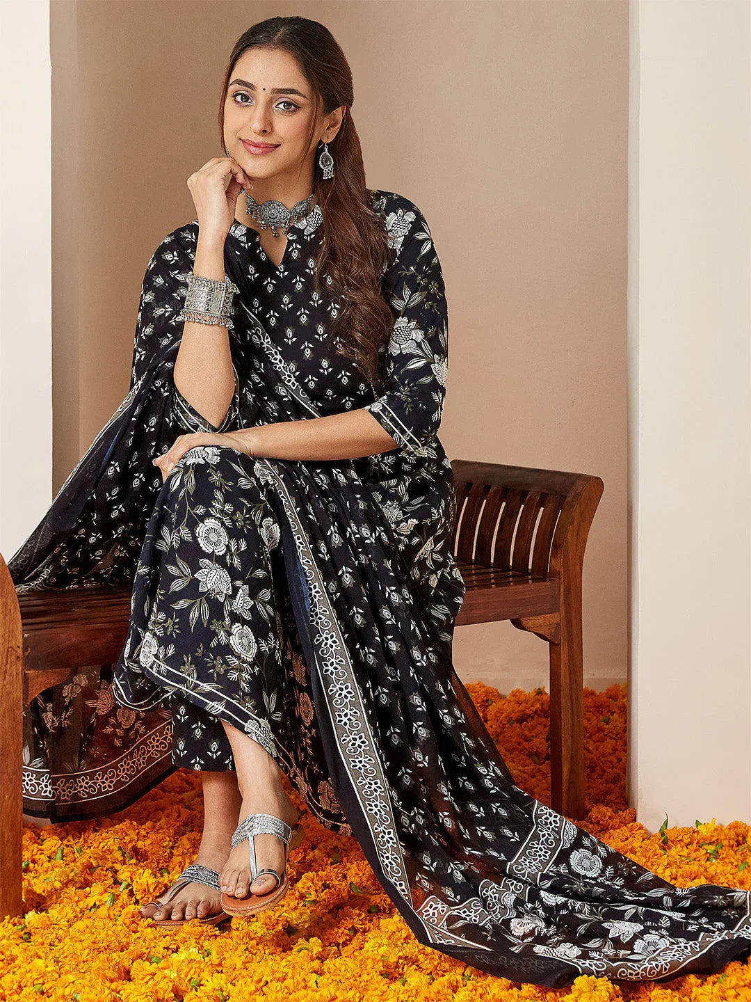 Janasya Women's Black Pure Cotton Floral Printed Anarkali Kurta Set