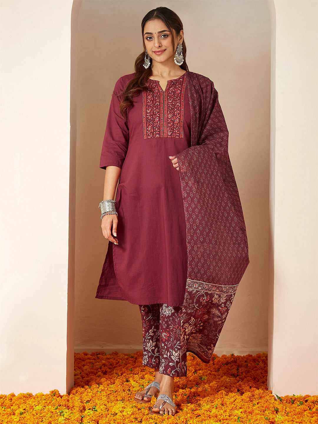 Janasya Women's Burgundy Pure Cotton Embellished Straight Kurta Set - qivii