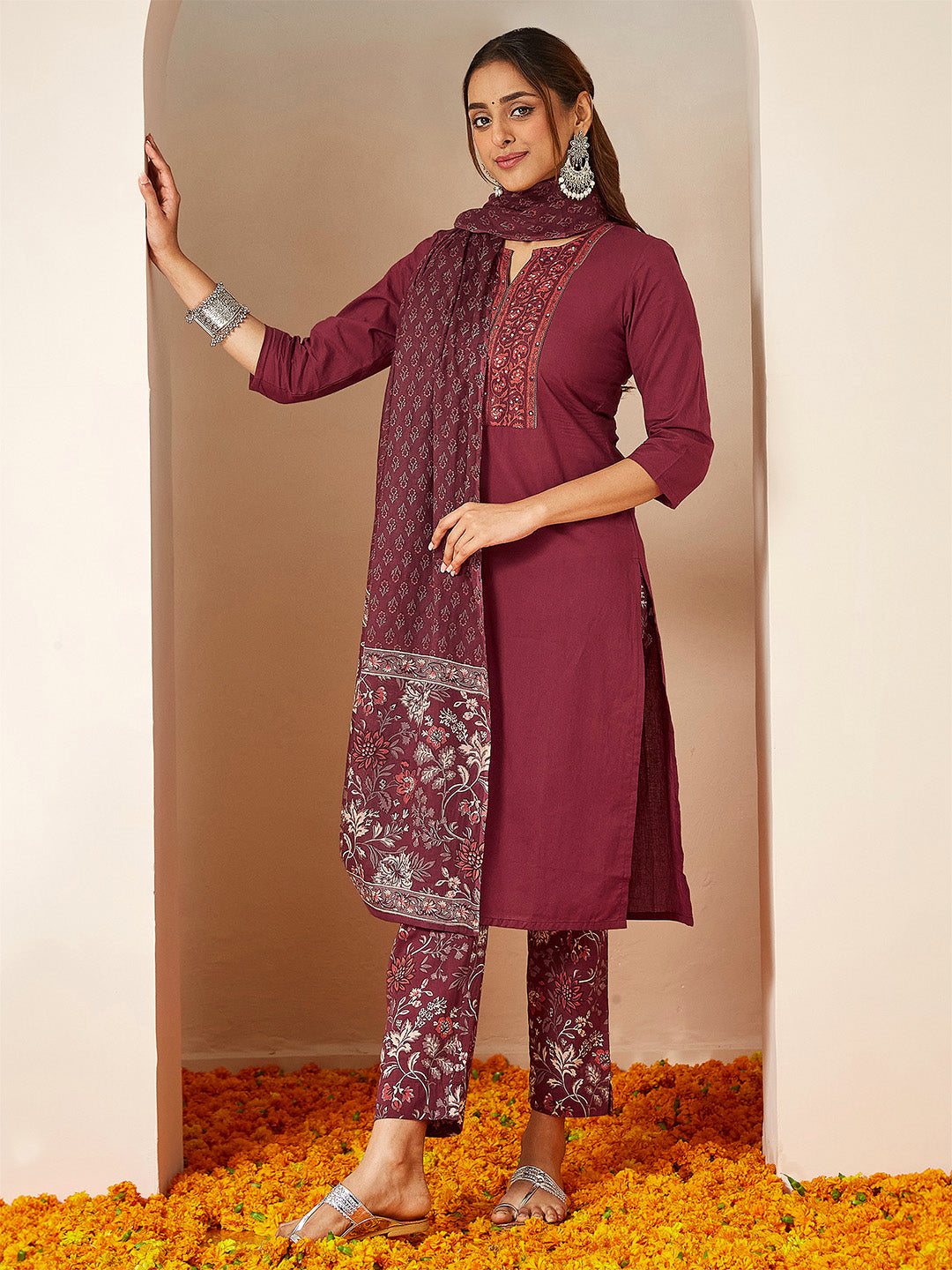 Janasya Women's Burgundy Pure Cotton Embellished Straight Kurta Set - qivii