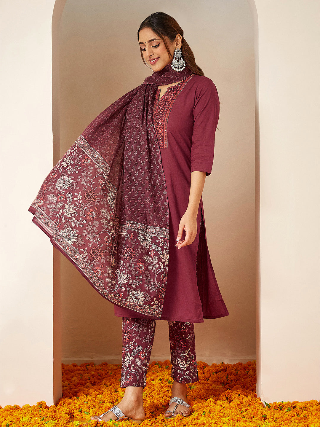 Janasya Women's Burgundy Pure Cotton Embellished Straight Kurta Set - qivii