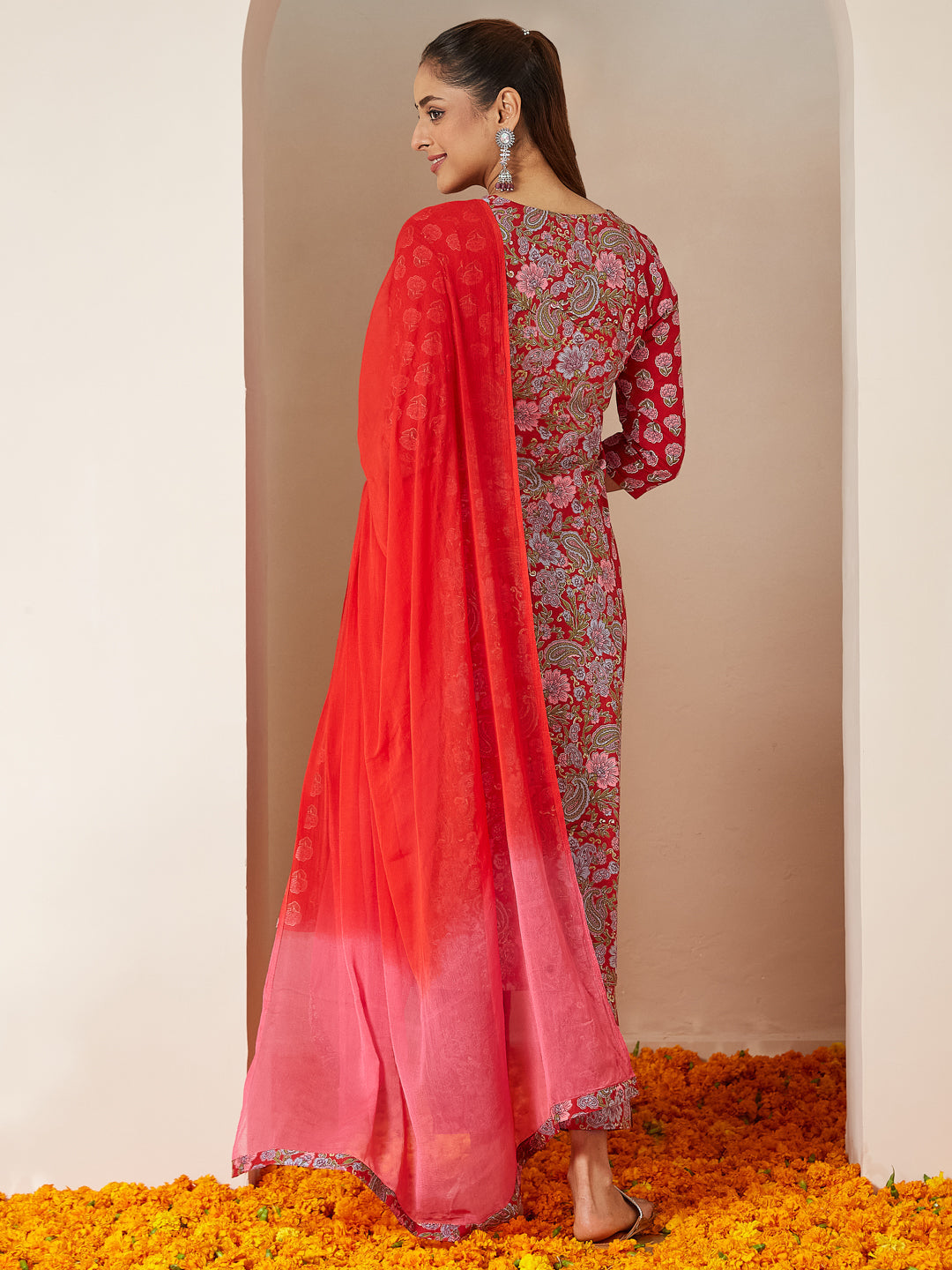 Janasya Women's Red Pure Cotton Floral Printed A-line Kurta Set - qivii