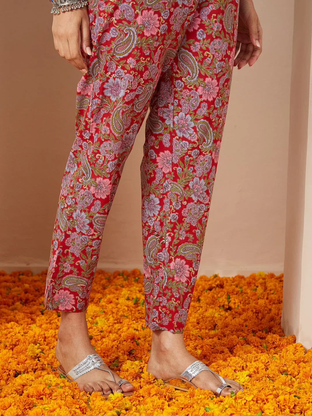 Janasya Women's Red Pure Cotton Floral Printed A-line Kurta Set