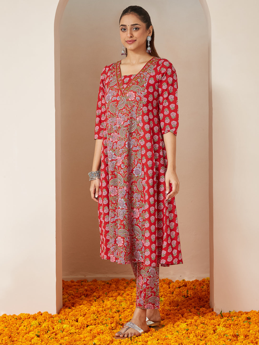 Janasya Women's Red Pure Cotton Floral Printed A-line Kurta Set - qivii
