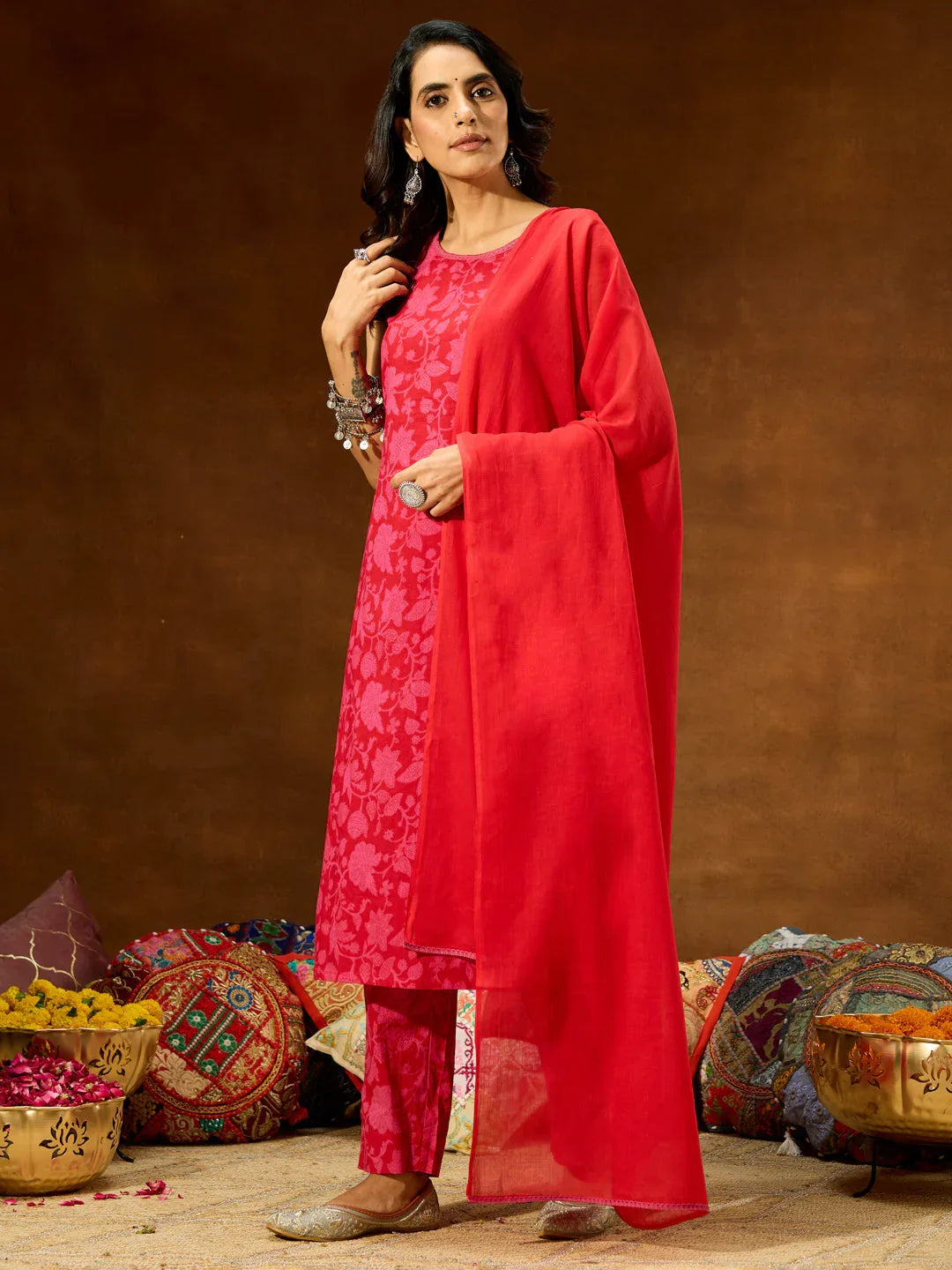 Janasya Women's Pink Pure Cotton Floral Printed Straight Kurta Set