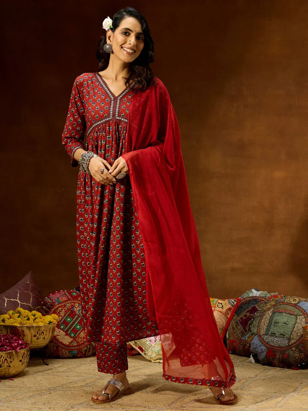 Janasya Women's Maroon Pure Cotton Floral Printed A-line Kurta Set