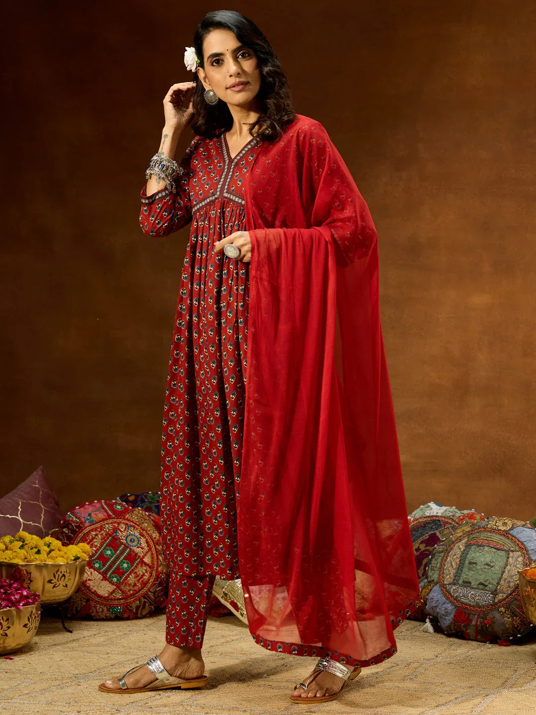 Janasya Women's Maroon Pure Cotton Floral Printed A-line Kurta Set