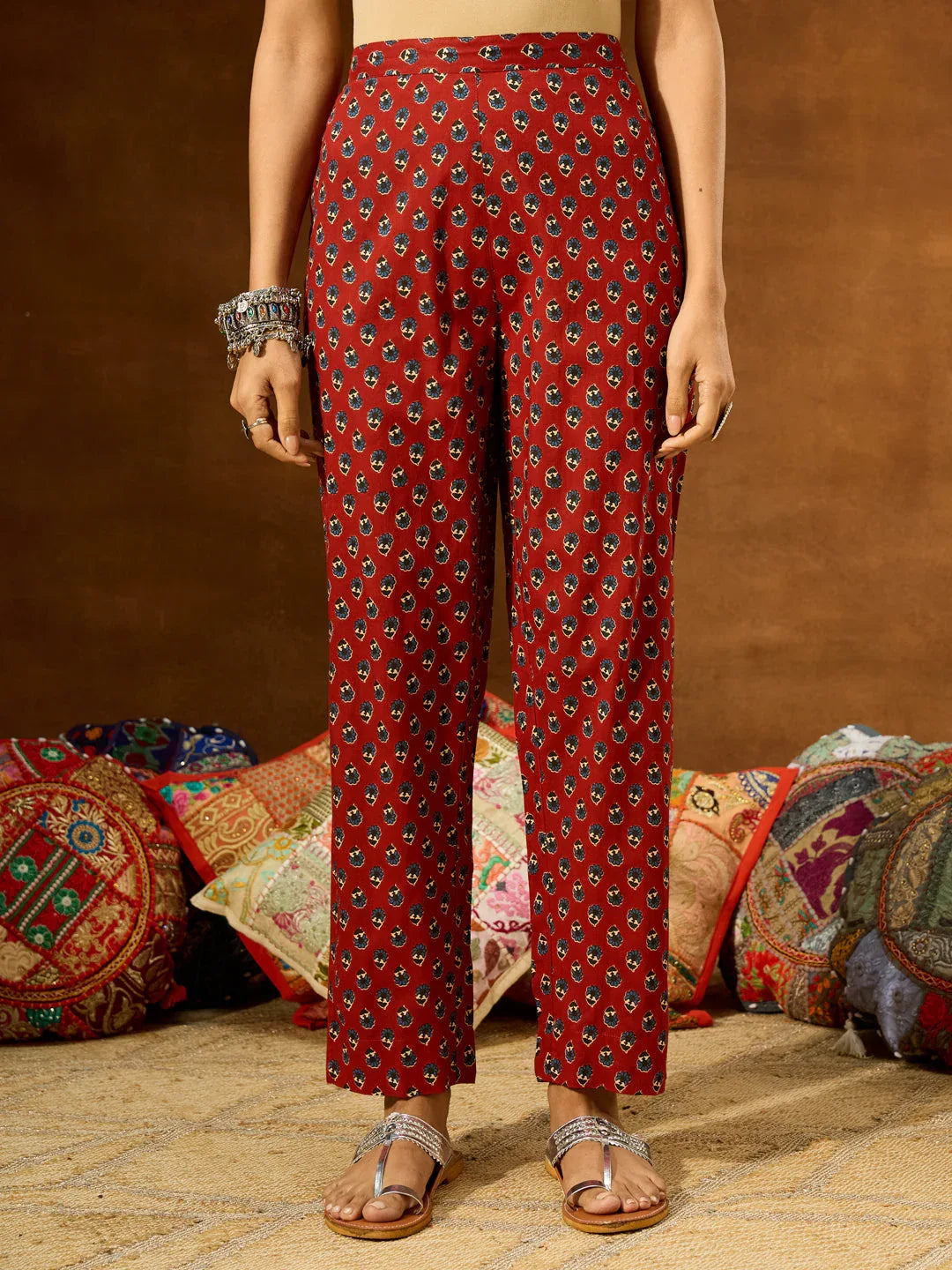 Janasya Women's Maroon Pure Cotton Floral Printed A-line Kurta Set