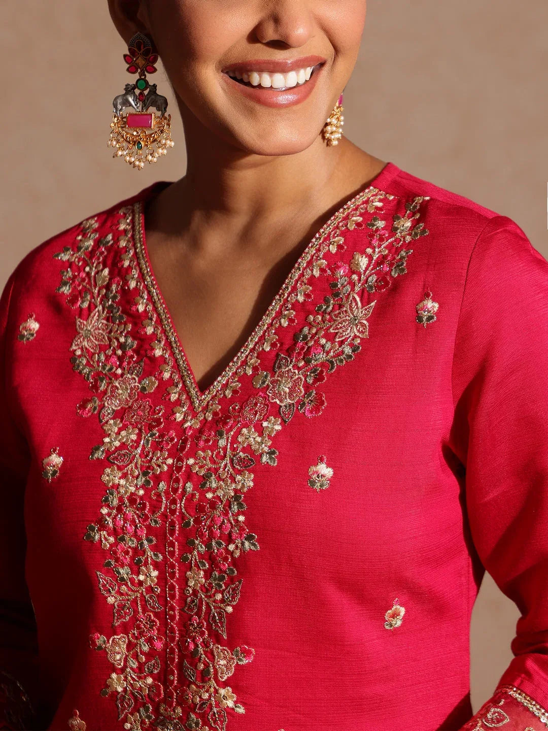 Janasya Women's Pink Silk Blend Embroidered Straight Kurta Set