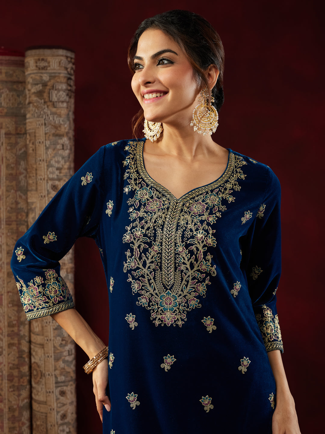 Janasya Women's Teal Blue Velvet Embellished Gold Printed Straight Kurta Set