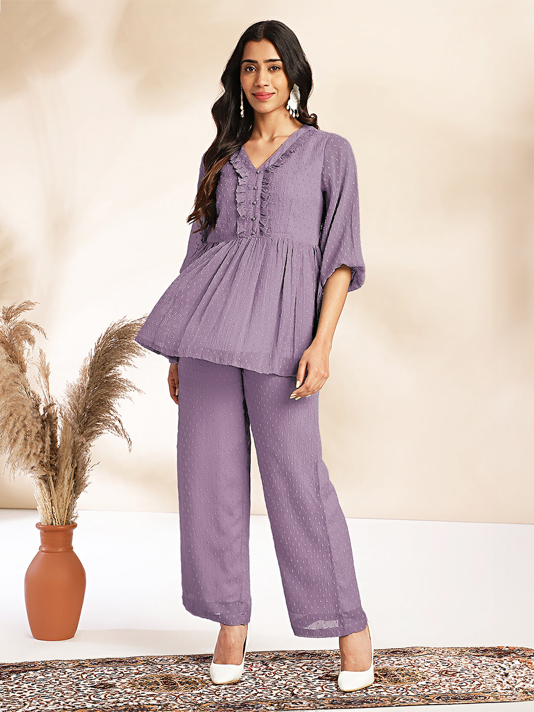 Janasya Women's Lavender Dobby Chiffon Self Design Peplum Co-Ord Set