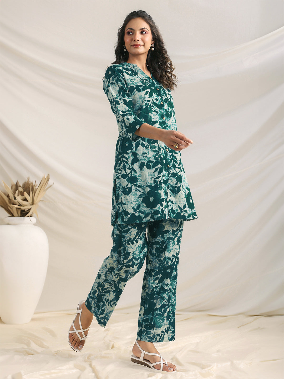 Green Pure Cotton Floral Printed A-line Co-ord Set - qivii