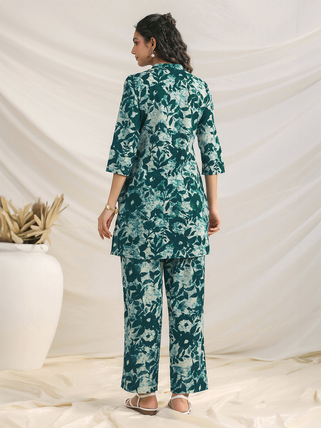 Green Pure Cotton Floral Printed A-line Co-ord Set - qivii