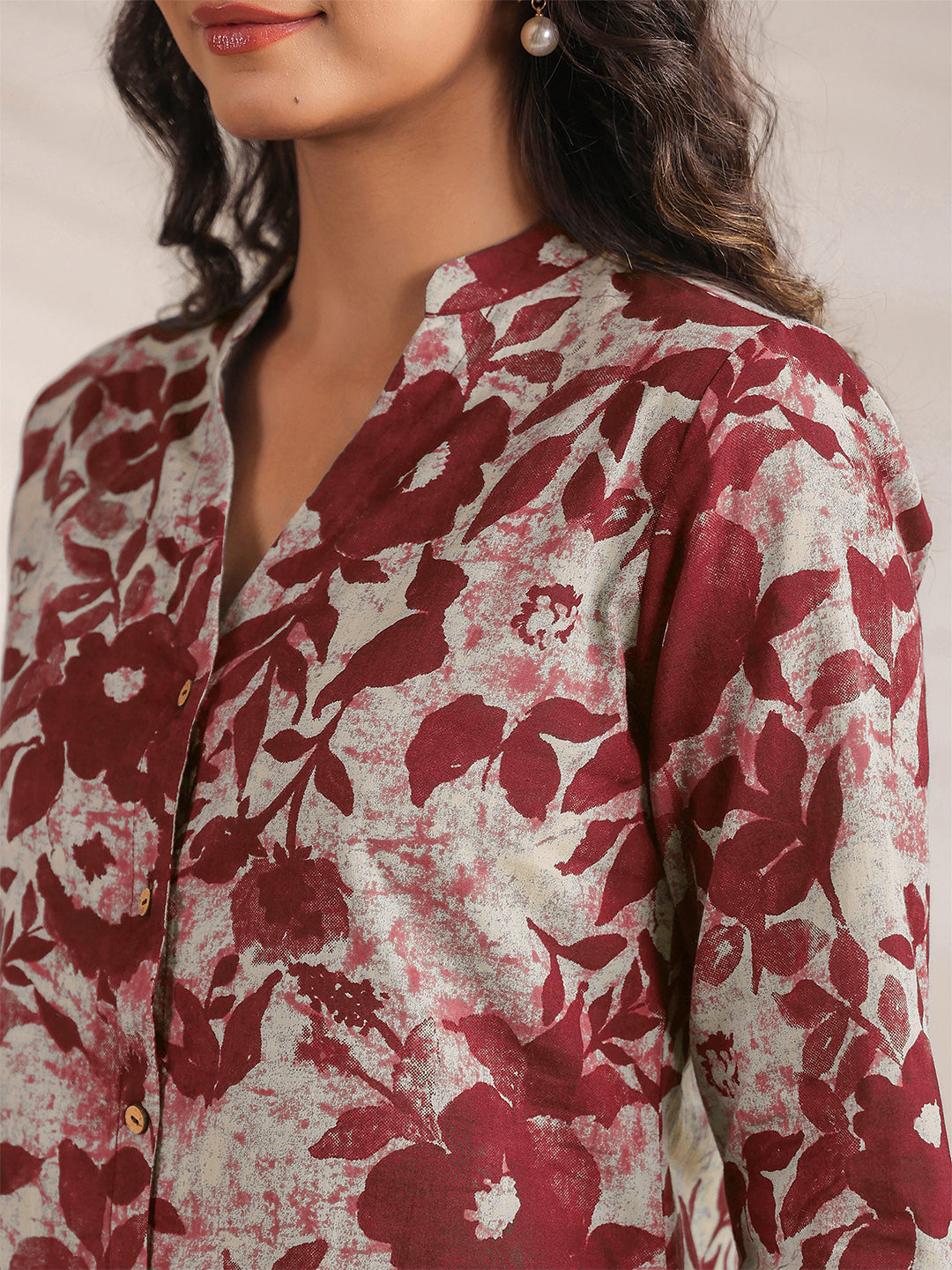 Maroon Pure Cotton Floral Printed Straight Co-ord Set - qivii