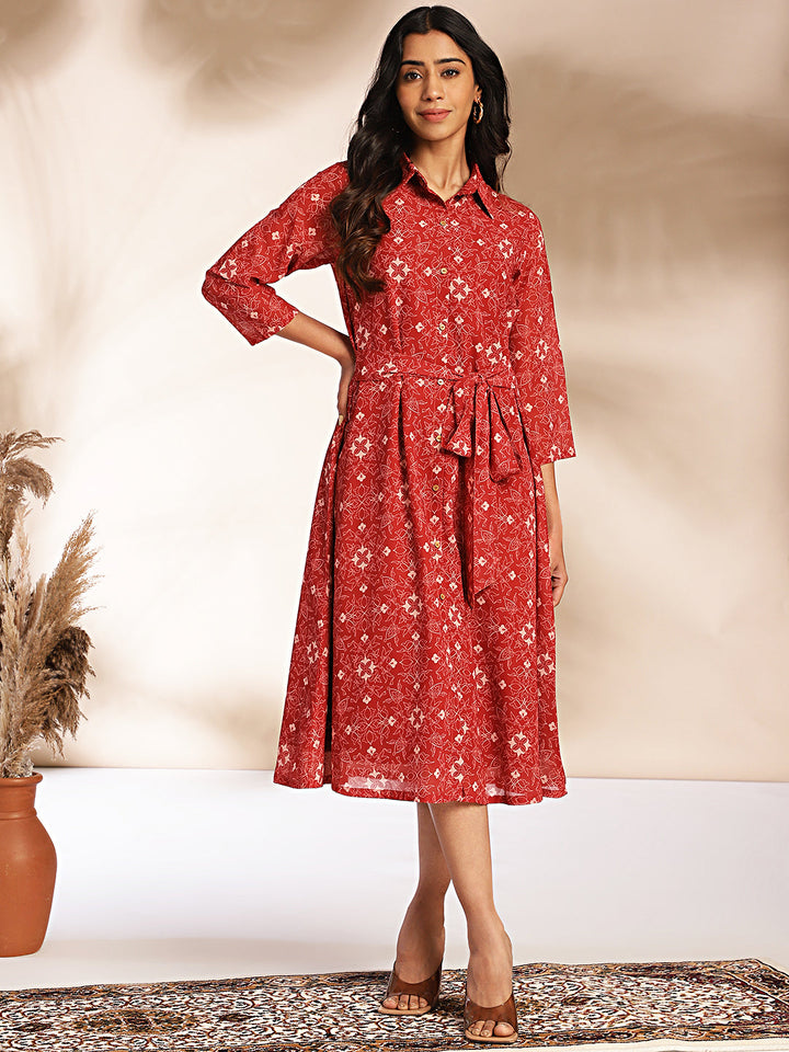 Maroon Georgette Printed Shirt Style Dress  - By Janasya