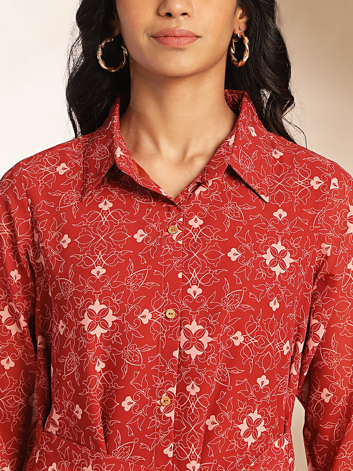 Maroon Georgette Printed Shirt Style Dress  - By Janasya