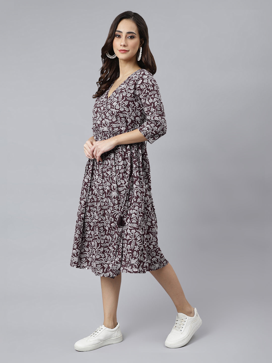 Wine Pure Cotton Floral Printed Angrakha Dress - qivii