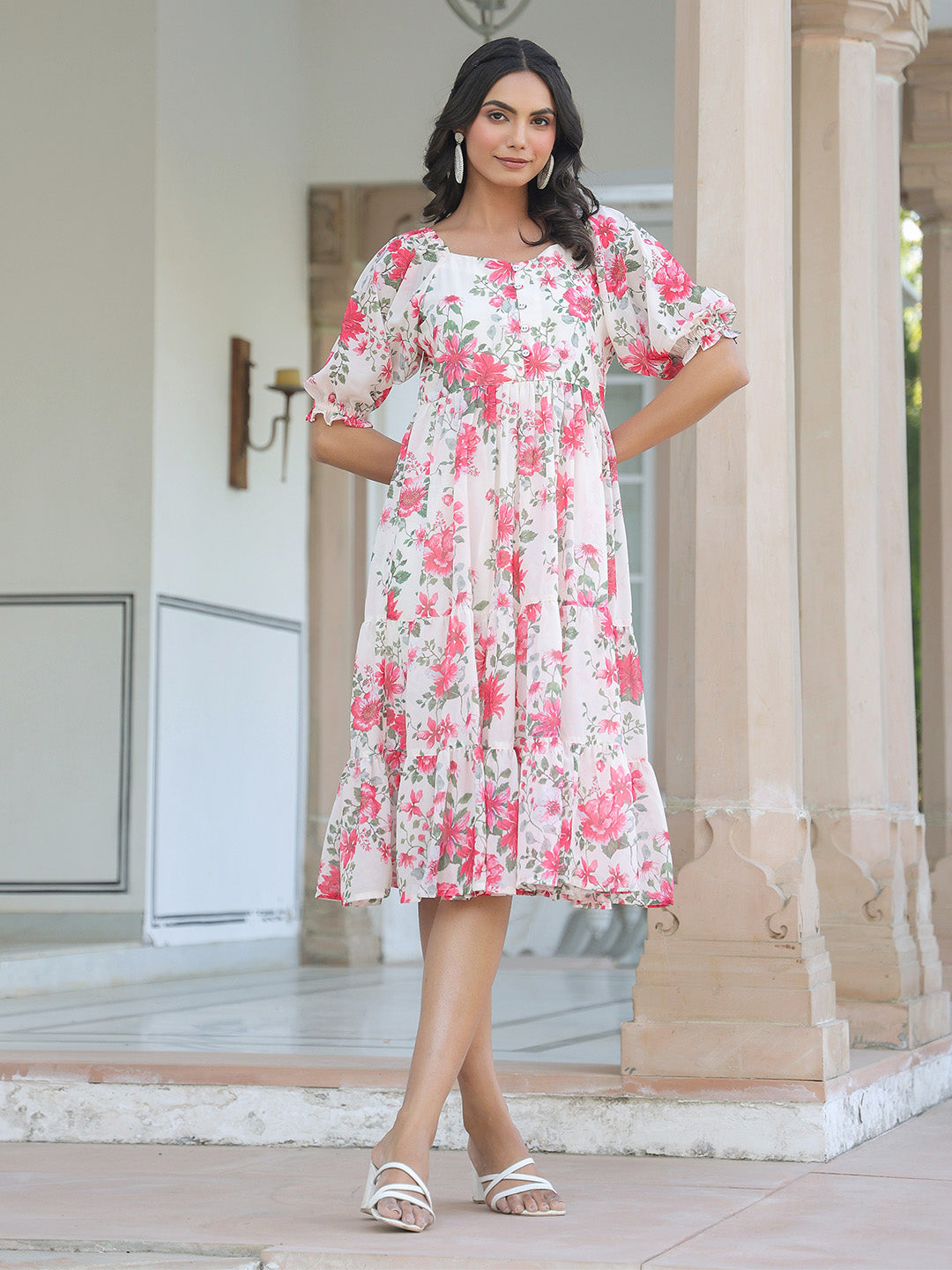 Cream Georgette Floral Printed Tiered Dress - qivii