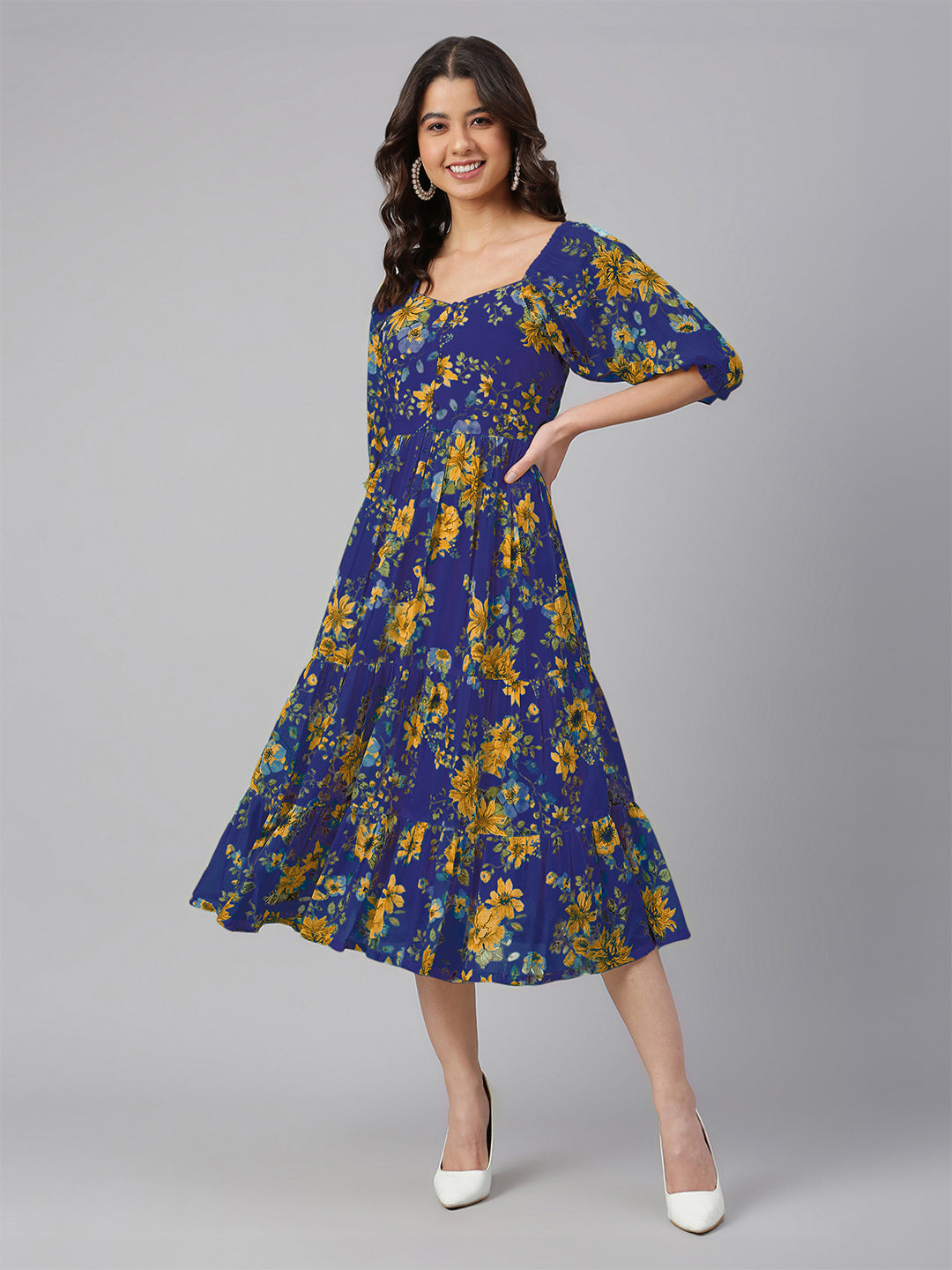 Blue Georgette Floral Printed Tiered Dress - qivii