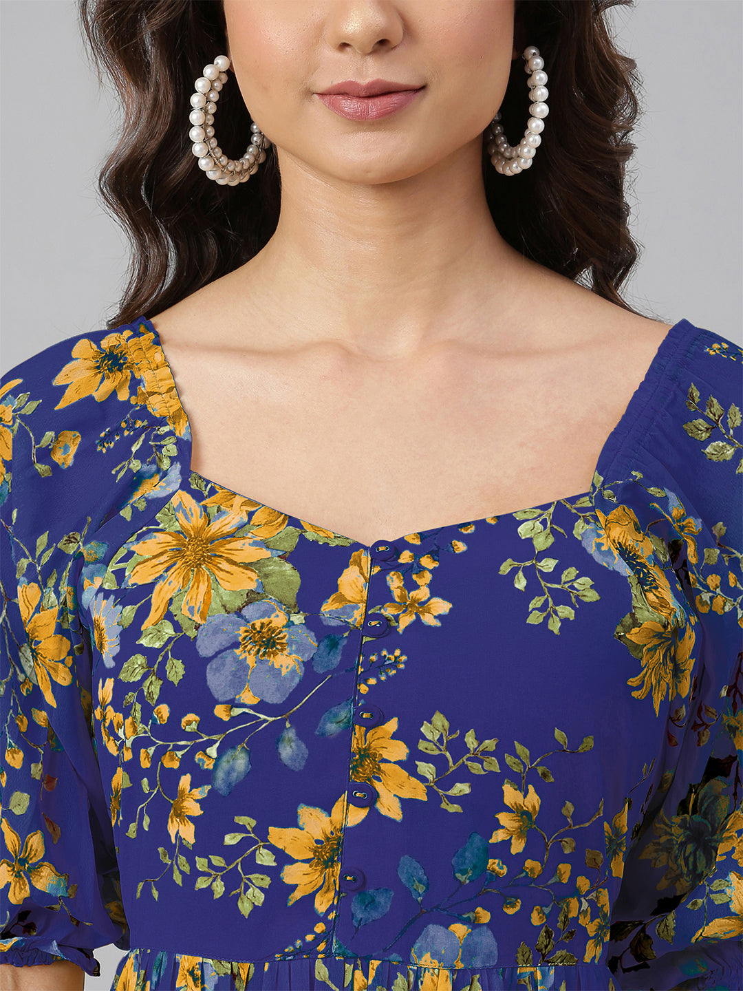 Blue Georgette Floral Printed Tiered Dress - qivii